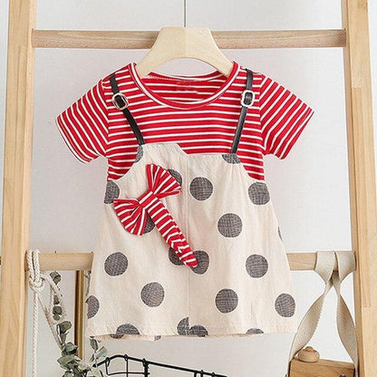 Baby girl dress set with red striped tee and beige polka-dot pinafore with striped bow on Tampa Home & Garden Store