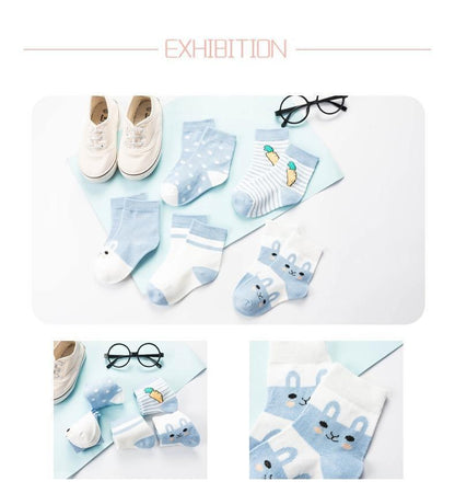 5-pair kids soft cotton socks set Stevvex blue and white with bunny faces on Tampa Home & Garden Store