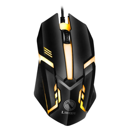 USB wired gaming mouse with black body and gold LED accents, logo visible on Tampa Home & Garden Store