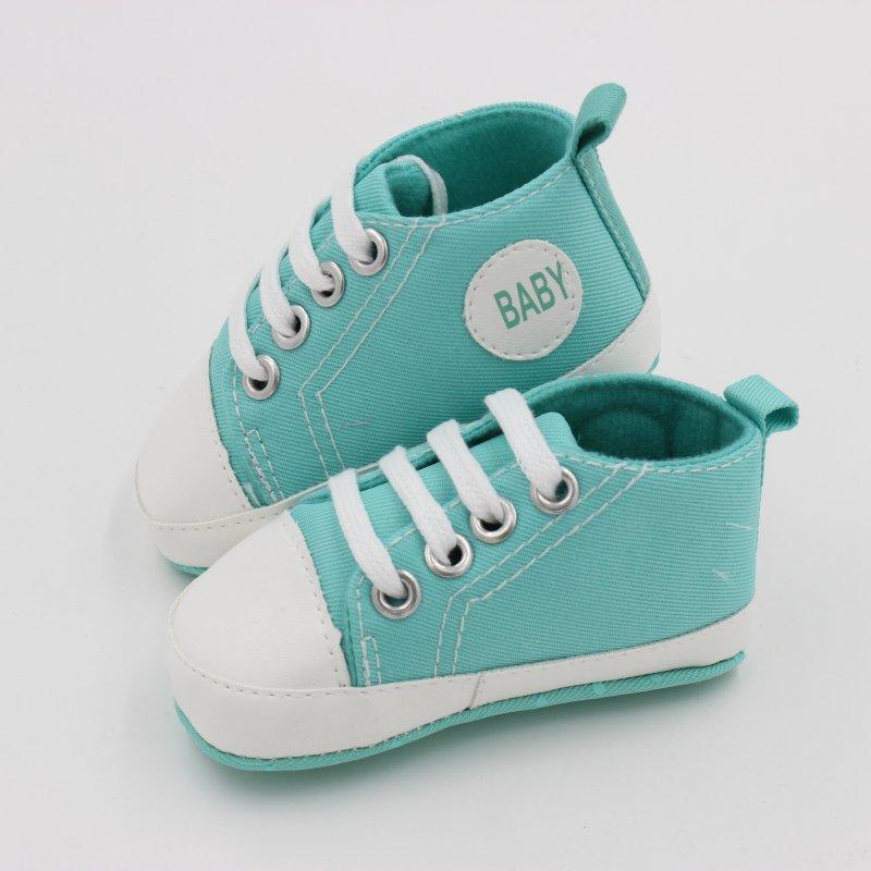 Stevvex baby first walkers teal canvas sneakers, white toe caps and laces, anti-slip soles pair on Tampa Home & Garden Store