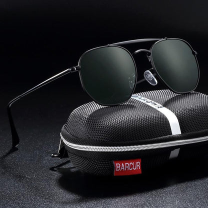 Stevvex polarized square sunglasses with green lenses and metal frame on Barcur hard case on Tampa Home & Garden Store