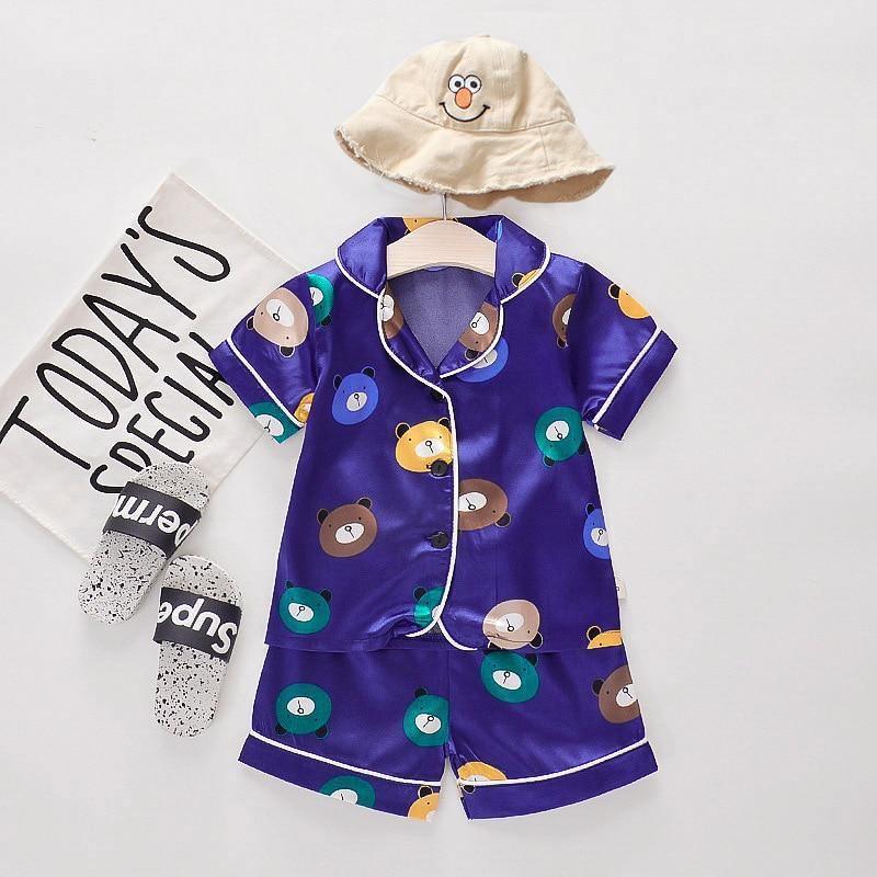 Stevvex kids' satin pajama set purple bear print, 2pc top and shorts with white piping on Tampa Home & Garden Store