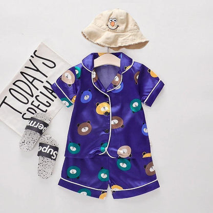 Stevvex kids' satin pajama set purple bear print, 2pc top and shorts with white piping on Tampa Home & Garden Store