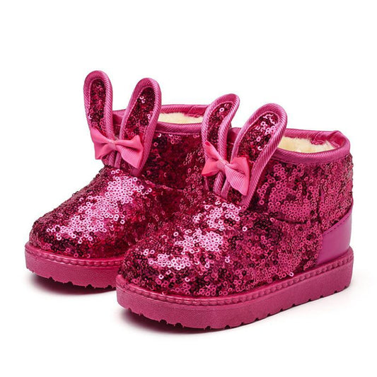 Stevvex pink sequin warm kids snow boots for toddlers with bunny-ear tabs, non-slip sole on Tampa Home & Garden Store
