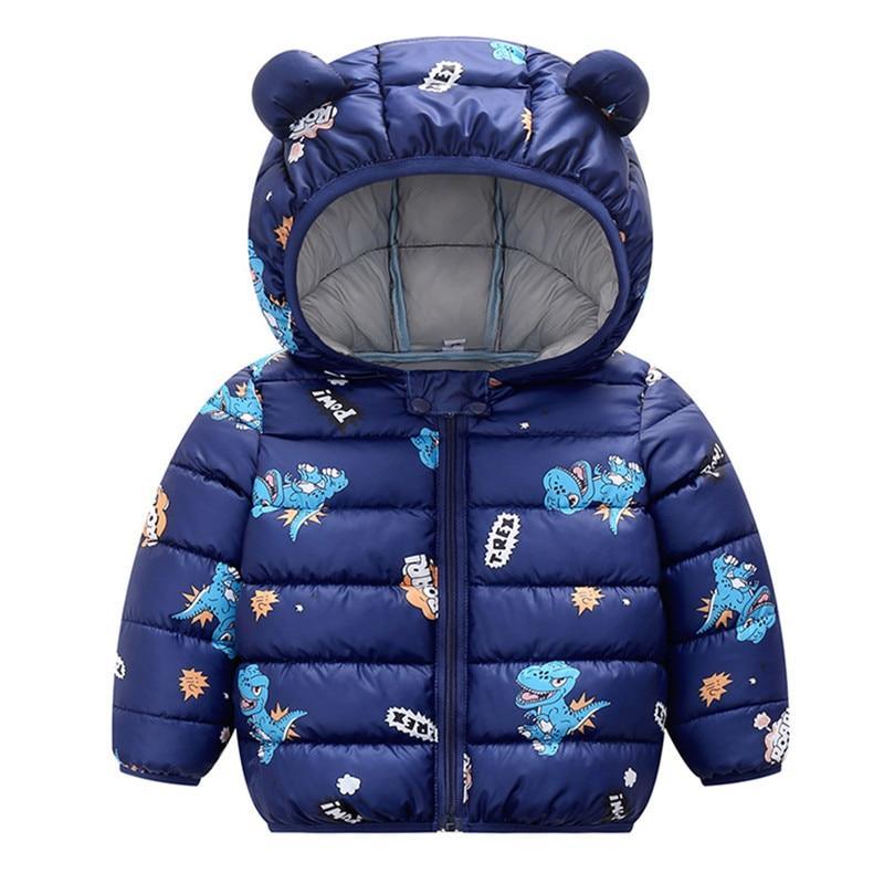 Stevvex baby hooded puffer coat navy with dinosaur print, quilted jacket for 3-24 months on Tampa Home & Garden Store