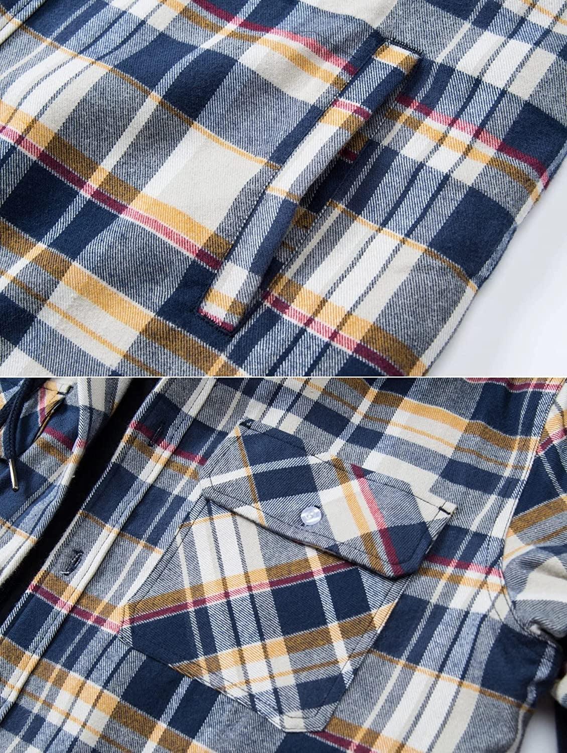 Men's hooded plaid jacket Stevvex navy yellow red plaid with pocket flap winter coat on Tampa Home & Garden Store