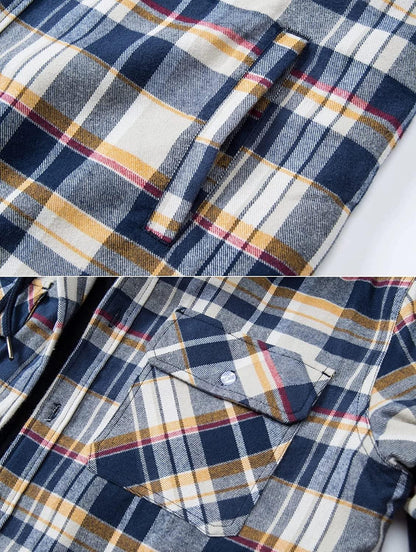 Men's hooded plaid jacket Stevvex navy yellow red plaid with pocket flap winter coat on Tampa Home & Garden Store