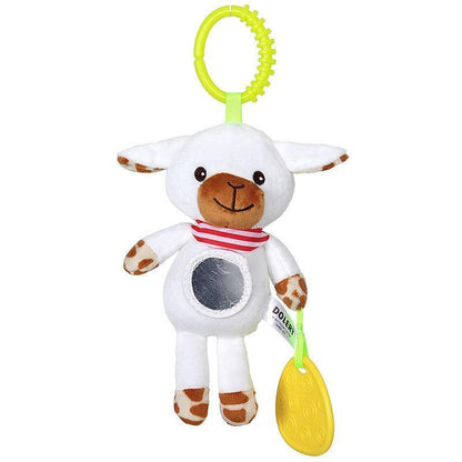 Plush baby lamb rattle with belly mirror, lime ring, white body, red scarf, yellow teether on Tampa Home & Garden Store