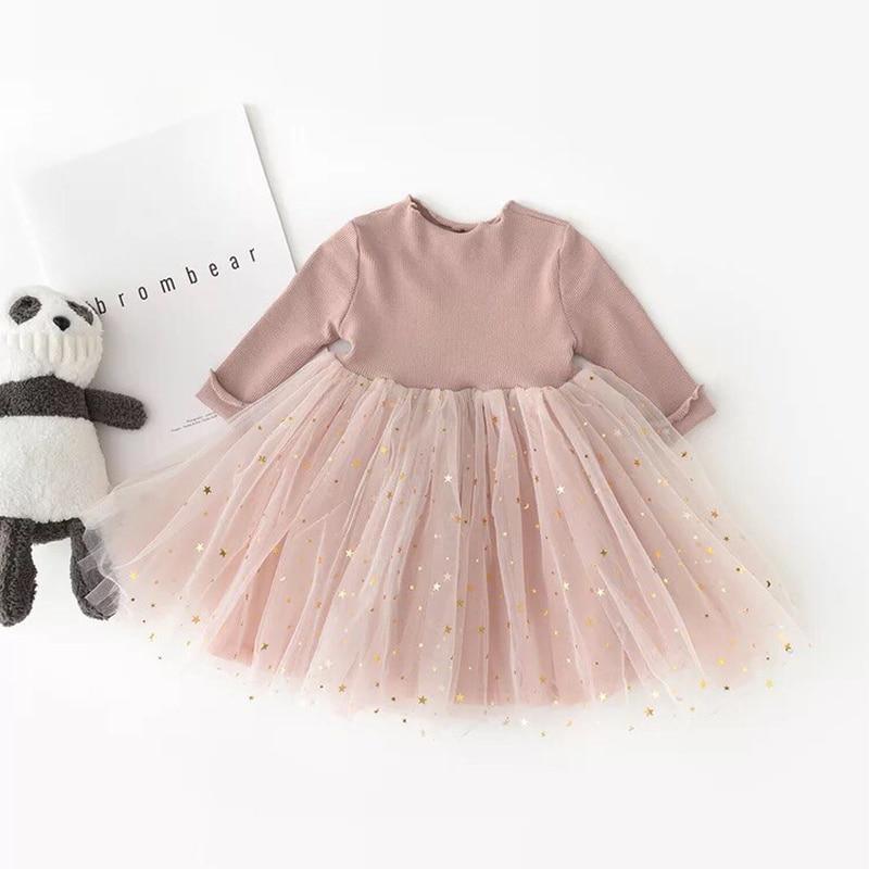Stevvex baby girl dress with mauve long sleeves and pink tulle skirt with gold stars, 1-5Y on Tampa Home & Garden Store
