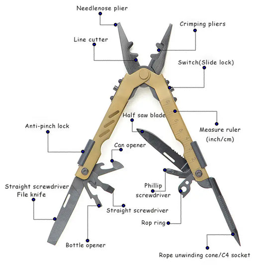 Outdoorzees multitool stainless steel pliers with fold-out blades for camping and hiking on Tampa Home & Garden Store