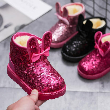 Pink glitter kids snow boots set of 4 for toddlers with bow, warm fleece lining, non-slip sole on Tampa Home & Garden Store
