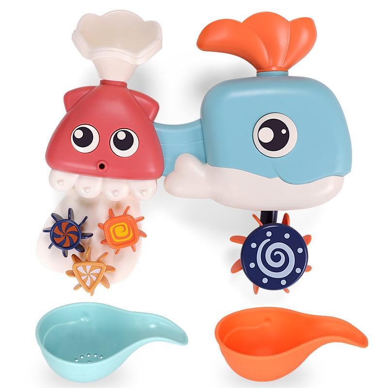 Bath toy set with 2 animals: pink squid and blue whale, suction cups and race pieces on Tampa Home & Garden Store
