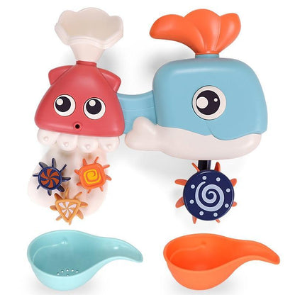 Bath toy set with 2 animals: pink squid and blue whale, suction cups and race pieces on Tampa Home & Garden Store
