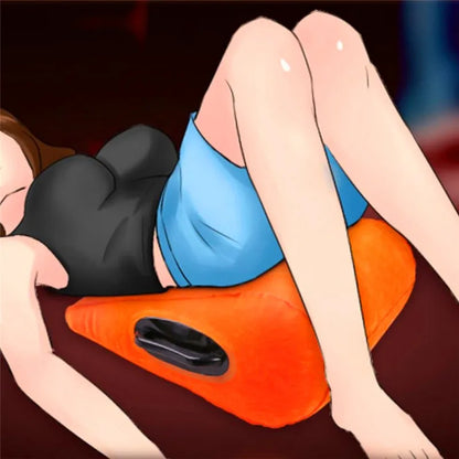 Inflatable wedge pillow adjustable support cushion orange with valve; person relaxing on it on Tampa Home & Garden Store
