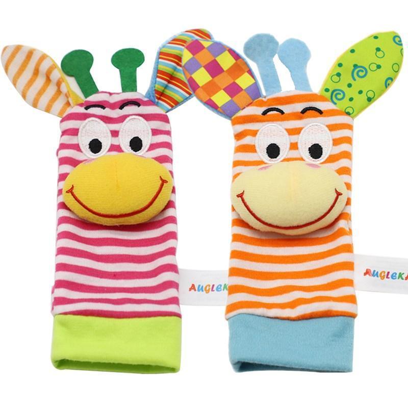 Infant wrist rattles 2pc by Stevvex, pink/white and orange/white striped plush sock toys on Tampa Home & Garden Store