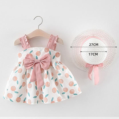 Baby girl cherry-dot dress set with pink sash and pink straps, plus straw hat with ribbon on Tampa Home & Garden Store