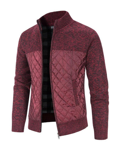 Stevvex men's quilted cardigan jacket burgundy knit sleeves, zip front, stand collar on Tampa Home & Garden Store