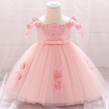 Stevvex pink lace tutu dress for toddler girls with off-shoulder lace sleeves and floral bodice on Tampa Home & Garden Store
