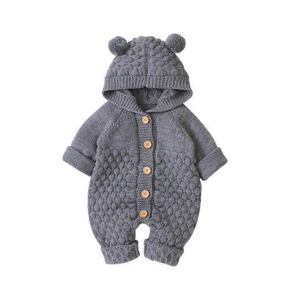 Stevvex baby romper knit hoodie with bear-ear hood, gray textured jumpsuit, wooden buttons on Tampa Home & Garden Store