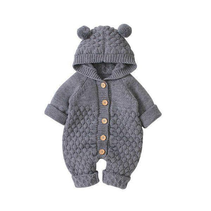 Stevvex baby romper knit hoodie with bear-ear hood, gray textured jumpsuit, wooden buttons on Tampa Home & Garden Store