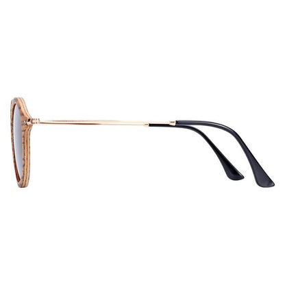 Stevvex zebra wood round sunglasses with polarized UV400 lenses, gold temples, black temple tips on Tampa Home & Garden Store