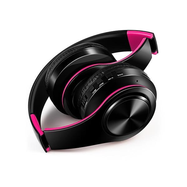 Stevvex Bluetooth headphones with microphone, black over-ear headset with pink trim on Tampa Home & Garden Store
