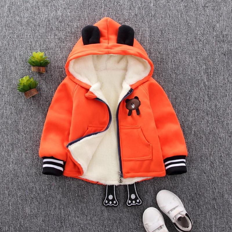 Winter baby coat orange cotton jacket with bear design, hood with ears, fleece lining, zip front on Tampa Home & Garden Store