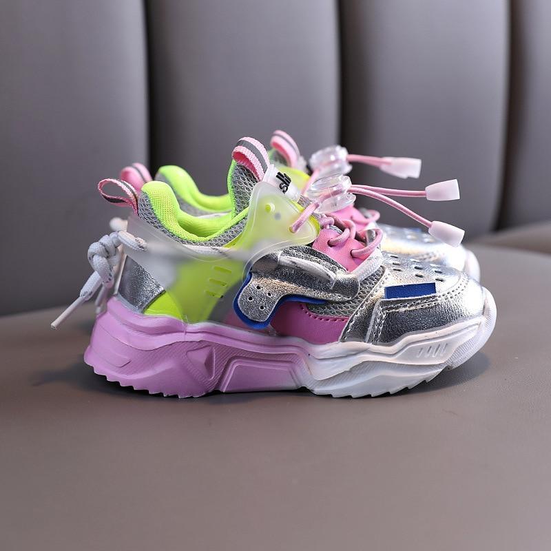 Stevvex baby toddler sneakers neon lime pink with metallic upper and purple sole on Tampa Home & Garden Store
