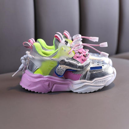 Stevvex baby toddler sneakers neon lime pink with metallic upper and purple sole on Tampa Home & Garden Store