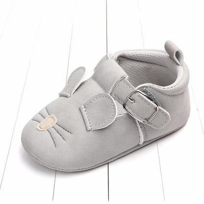 Baby shoe Stevvex gray with cat face embroidery, buckle strap, suede look, first walker on Tampa Home & Garden Store