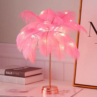 STEVVEX pink feather table lamp with tree shape LED lights, USB rechargeable bedside light on Tampa Home & Garden Store