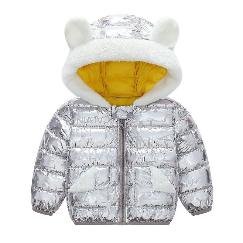 Stevvex baby metallic silver puffer coat with bear hood, yellow lining, front zip, 2 pockets on Tampa Home & Garden Store