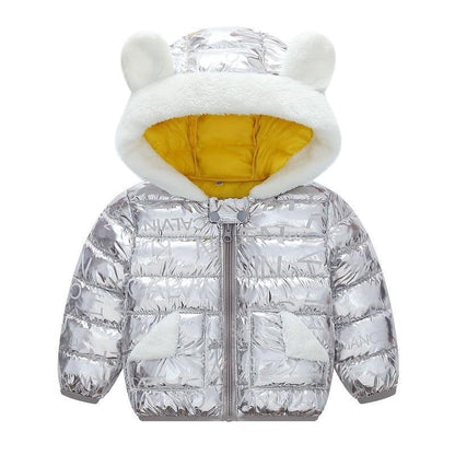Stevvex baby metallic silver puffer coat with bear hood, yellow lining, front zip, 2 pockets on Tampa Home & Garden Store