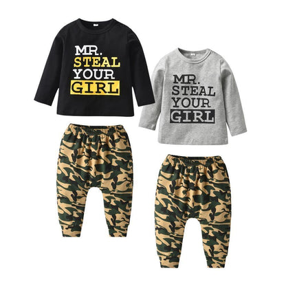 Newborn boys Stevvex set: two long-sleeve tees with MR STEAL YOUR GIRL, two camo pants on Tampa Home & Garden Store