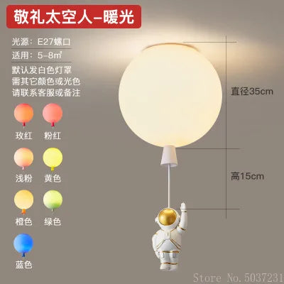 DecorBites Kids Space Balloon LED Ceiling Lamp with astronaut pendant and white spherical shade on Tampa Home & Garden Store
