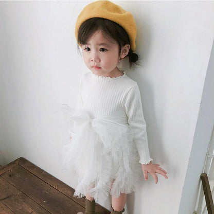 Stevvex white knit long sleeve baby dress with tulle bow skirt for girls 1-5 years on Tampa Home & Garden Store