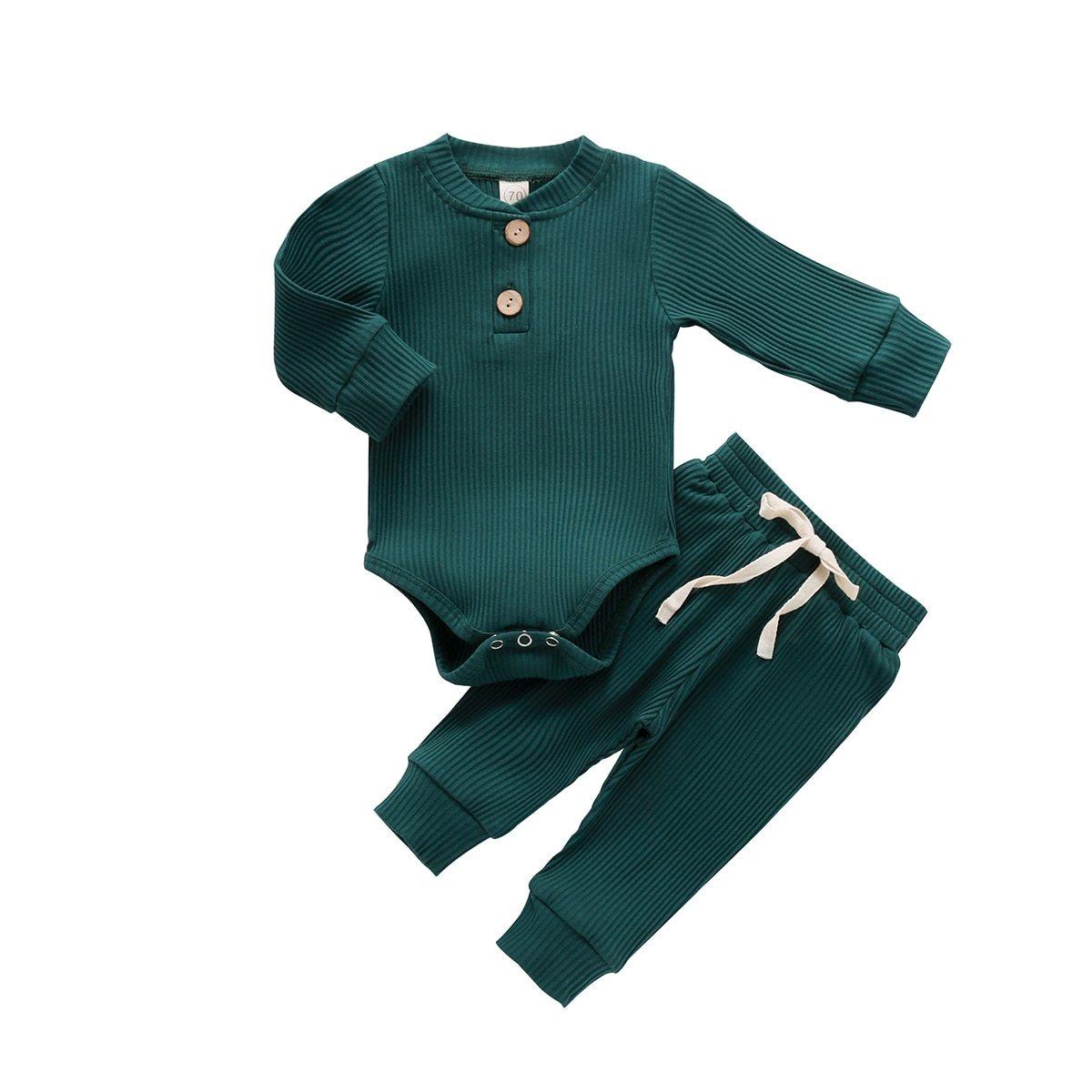 Infant Stevvex ribbed teal 2pc bodysuit and pants set with cream drawstring and wooden buttons on Tampa Home & Garden Store