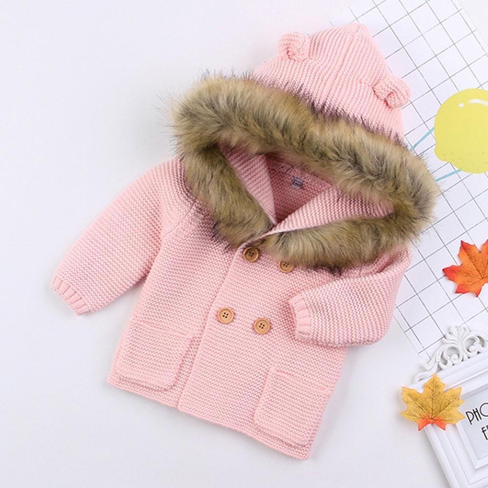 Pink knitted baby coat Stevvex with faux fur hood and double buttons on Tampa Home & Garden Store