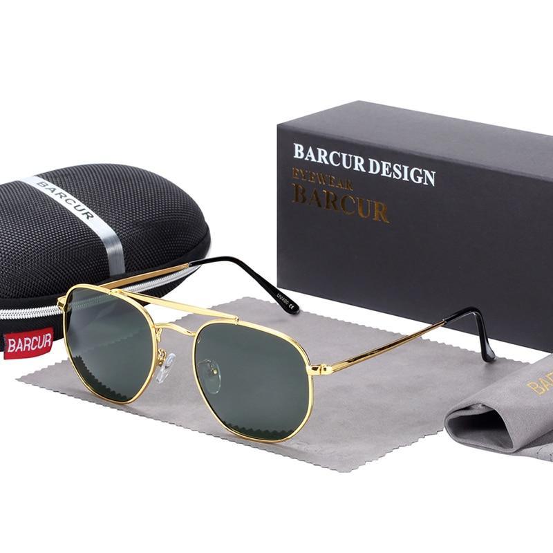 Square Barcur sunglasses with gold metal frame and green polarized UV400 lenses on Tampa Home & Garden Store