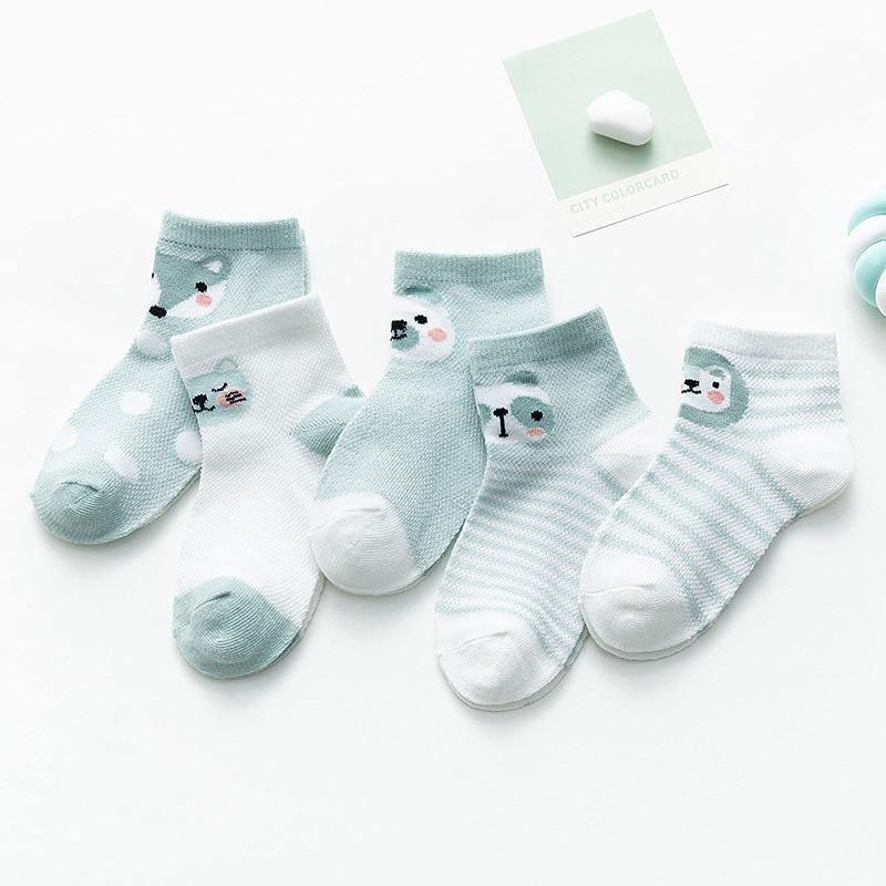 Stevvex baby socks 5-pair set, cotton breathable mesh in blue white with cute cartoon faces on Tampa Home & Garden Store