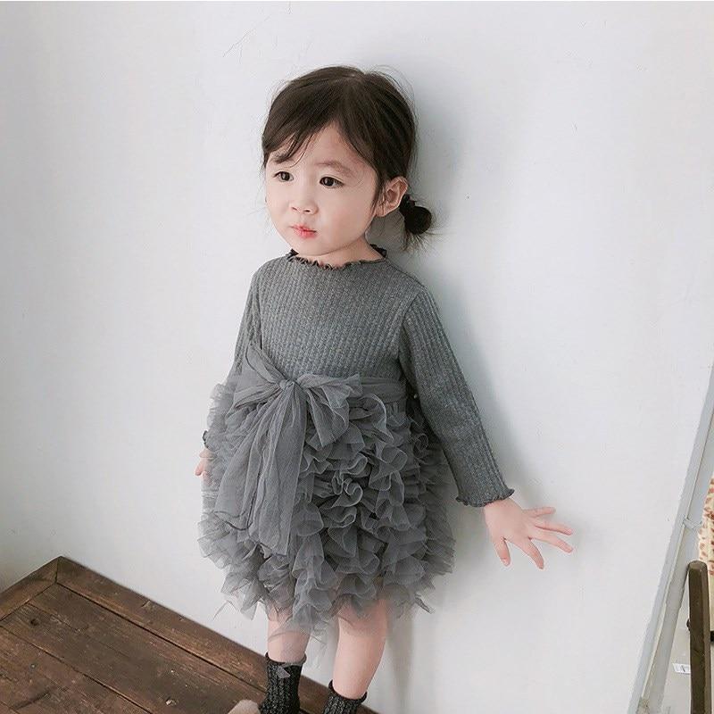 Modern Flower long sleeve dress in grey with tulle ruffle skirt and bow sash for 1-5 years on Tampa Home & Garden Store