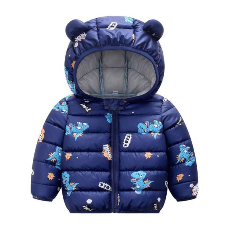 Stevvex infant hooded navy blue puffer jacket with bear-ear hood and dinosaur print on Tampa Home & Garden Store
