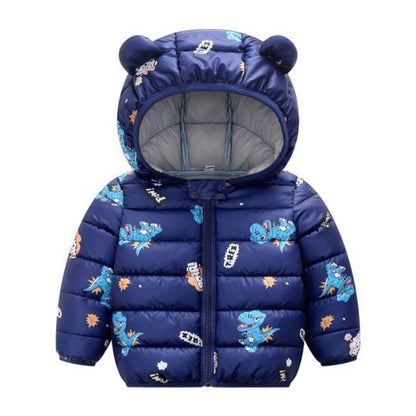 Stevvex infant hooded navy blue puffer jacket with bear-ear hood and dinosaur print on Tampa Home & Garden Store
