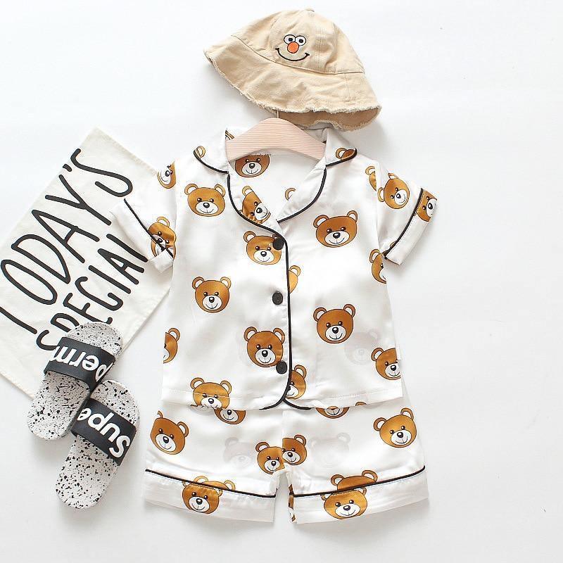 Bear-print satin kids pajama set by Stevvex with top and shorts white ice-silk fabric on Tampa Home & Garden Store