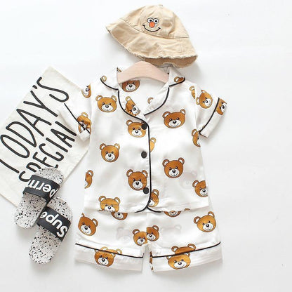 Bear-print satin kids pajama set by Stevvex with top and shorts white ice-silk fabric on Tampa Home & Garden Store
