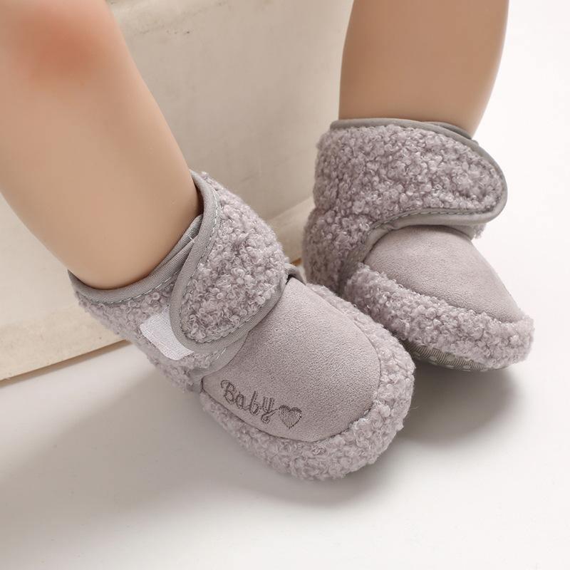 Newborn soft baby shoes Stevvex plush grey sherpa booties with strap closure embroidered Baby on Tampa Home & Garden Store