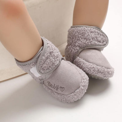 Newborn soft baby shoes Stevvex plush grey sherpa booties with strap closure embroidered Baby on Tampa Home & Garden Store