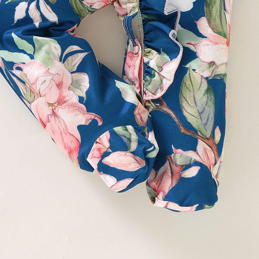 Stevvex baby romper jumpsuit blue floral print with pink blossoms, long sleeves and footed on Tampa Home & Garden Store