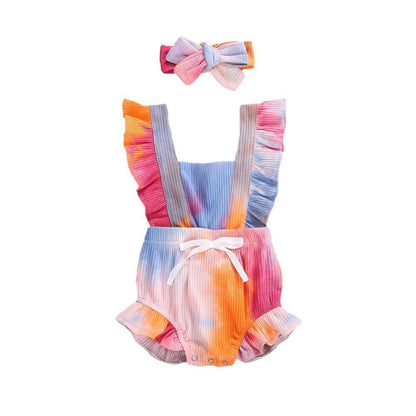 Toddler rainbow tie-dye romper with ribbed fabric, ruffled straps and matching headband on Tampa Home & Garden Store