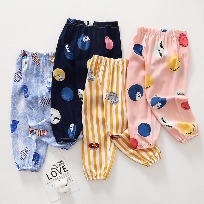 Baby pajama pants set Stevvex: four anti-mosquito trousers in navy, yellow stripes, pink circles on Tampa Home & Garden Store